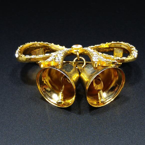 Vintage Monet Christmas Rhinestone Bell Brooch, Gold Tone, Two Bells, 1960s - Picture 9 of 10